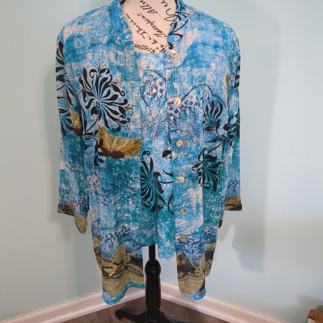 Citron Santa Monica Women’s Long Sleeve Silk Blouse tunic top set medium