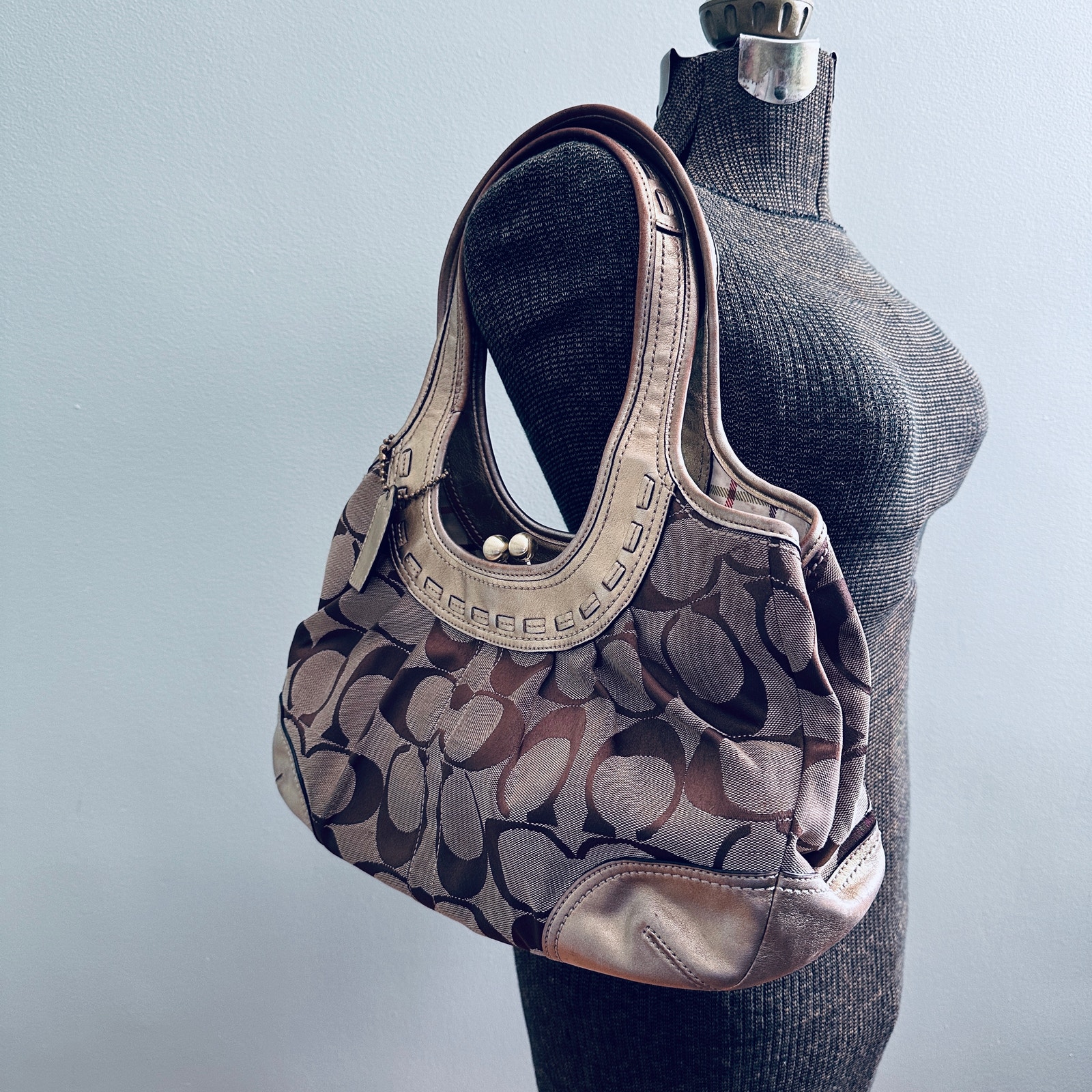 Coach gold leather and tan monogram hobo shoulder bag