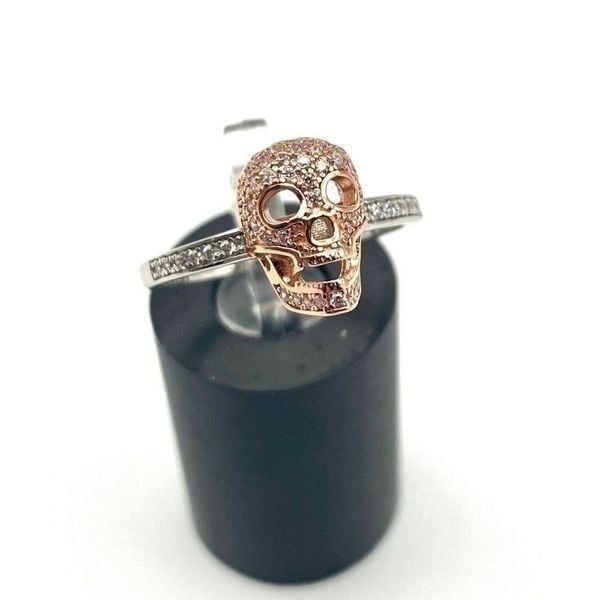 Sterling Silver Rose Gold Two Tone Skull Pink & Clear CZ Ring Size 9