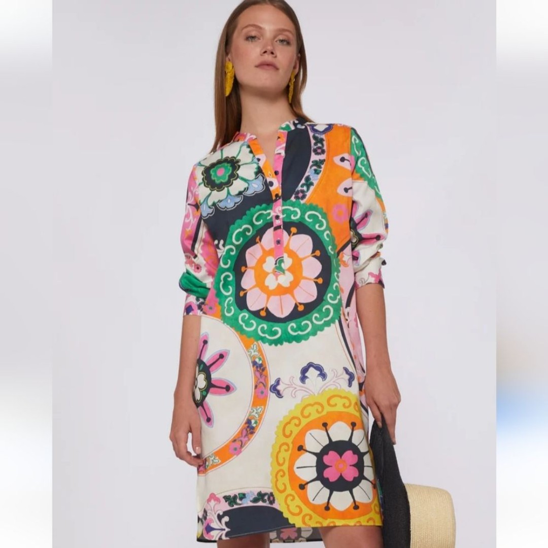 Vilagallo Bright Pink Orange Abstract Floral Button Down Shirt Dress 46 artsy