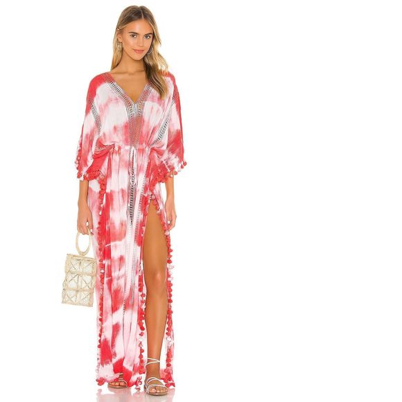 NEW Michael Stars Farrah Maxi Caftan White & Neon Pink REVOLVE ONE SIZE 98