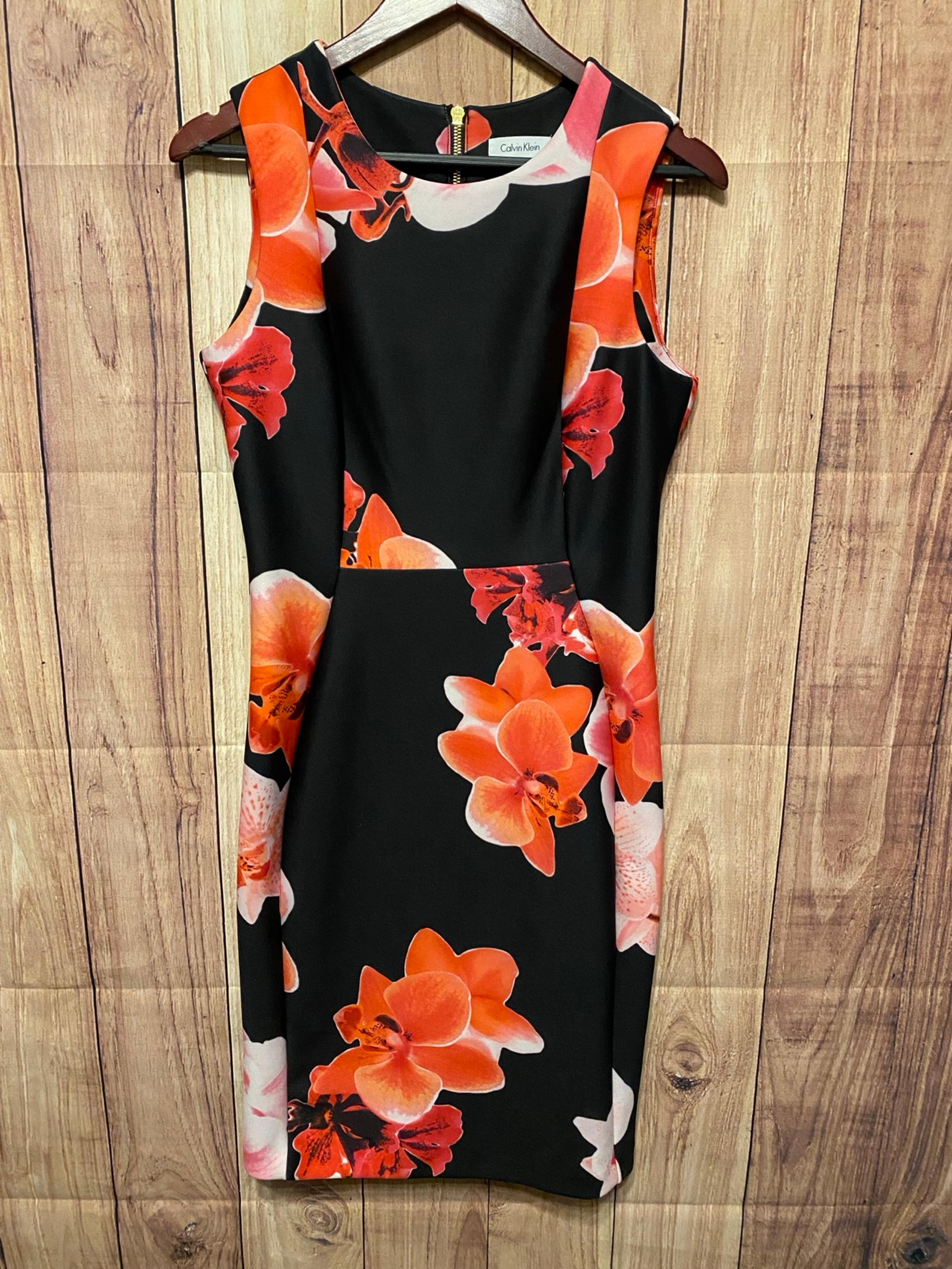 Calvin Klein size 8 black red orange floral dress fitted sheath