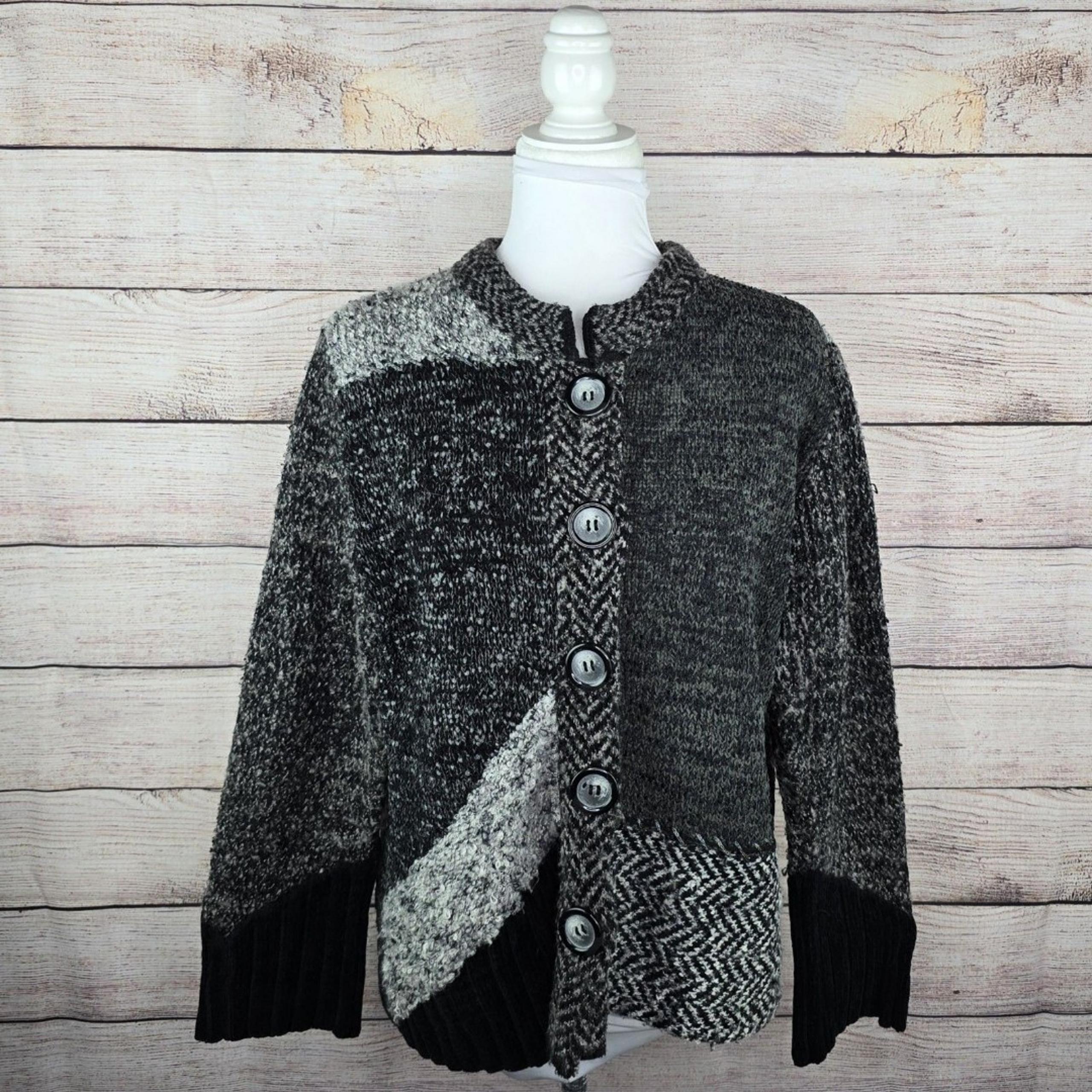 Orvis Gray Black Knit Abstract Patchwork Button Up Cardigan Sweater Large