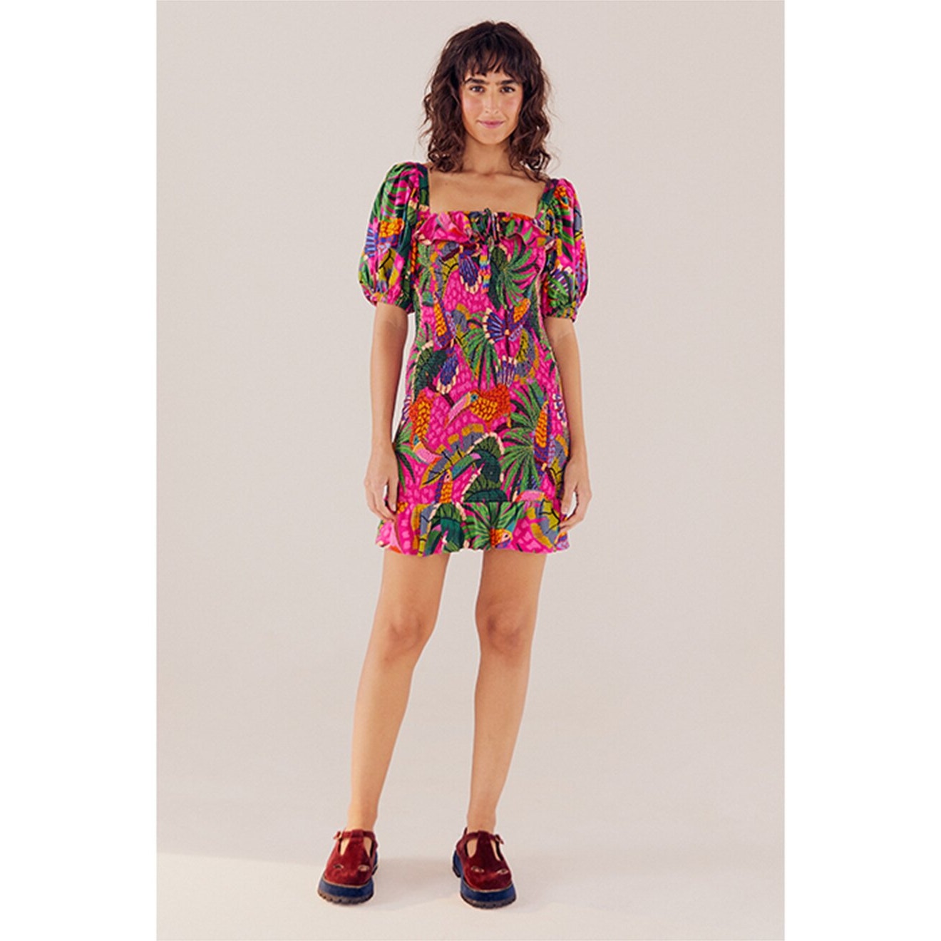 Farm Rio Small Painted Toucans Square-Neck Mini Dress