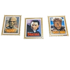 Three Gold Tone Stamp Pinback Mummy Dracula & Wolf Man