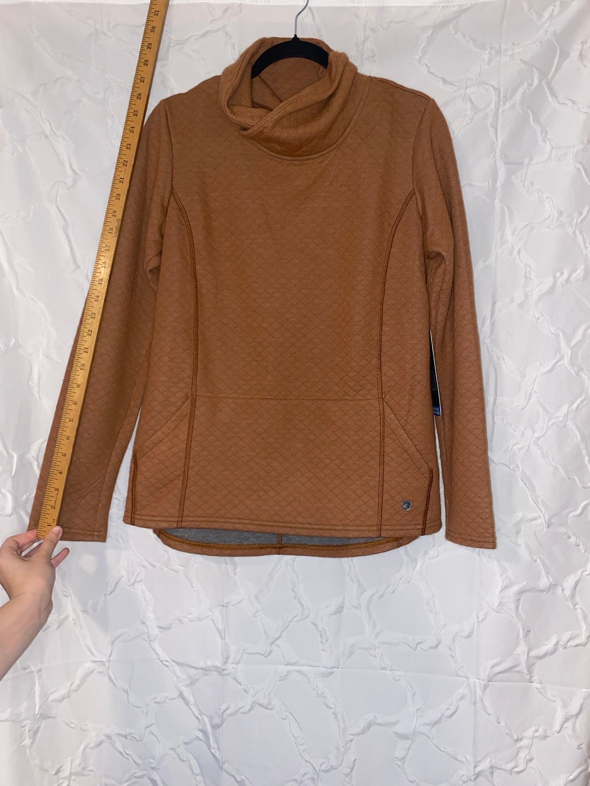 Kuhl Athena Pullover Large Quilted Brown Women’s Cowl Neck Sweater Pockets
