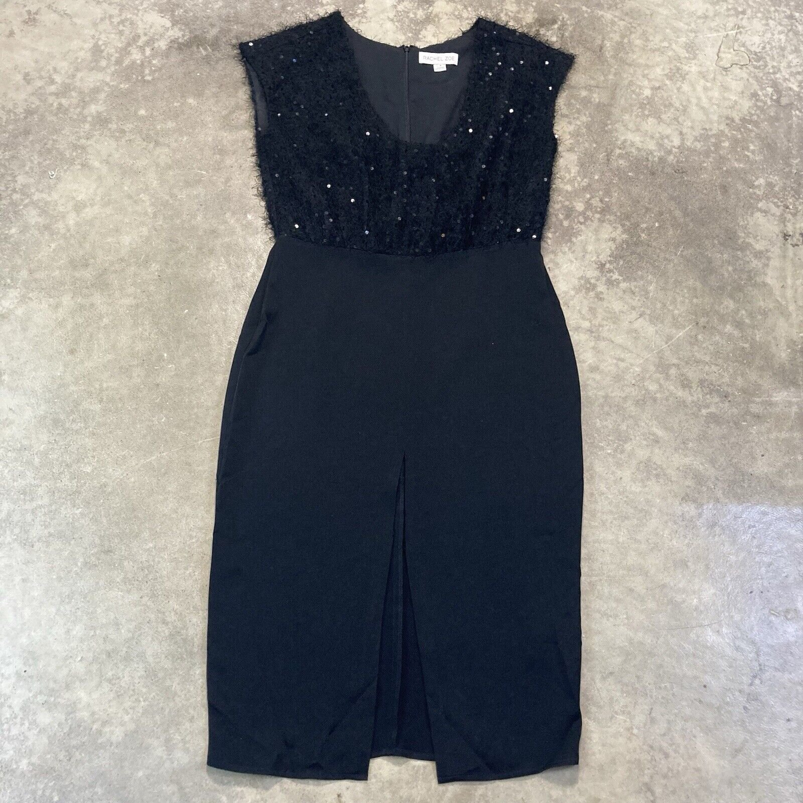 Rachel Zoe Dress Womens 8 Black Mayberry Eyelash Sequins Front Slit Evening Midi
