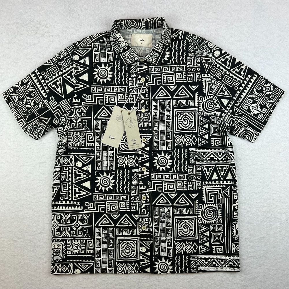 New NWT Mens Folk Machu Linen Short Sleeve Button Down Black Shirt Size Small