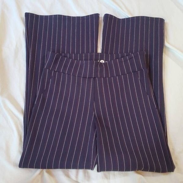 Betabrand Classic Navy Pinstripe Flare Yoga Dress Pant - Size Medium