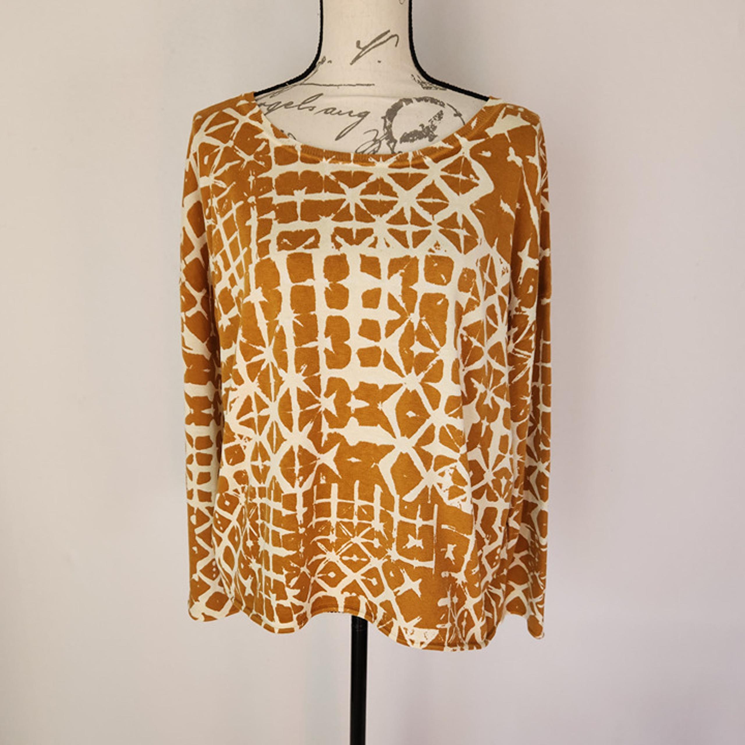 Garnet Hill Silk Cotton Batik Boxy Oversize Sweater Scoop Neck Brown Cream Sz.M