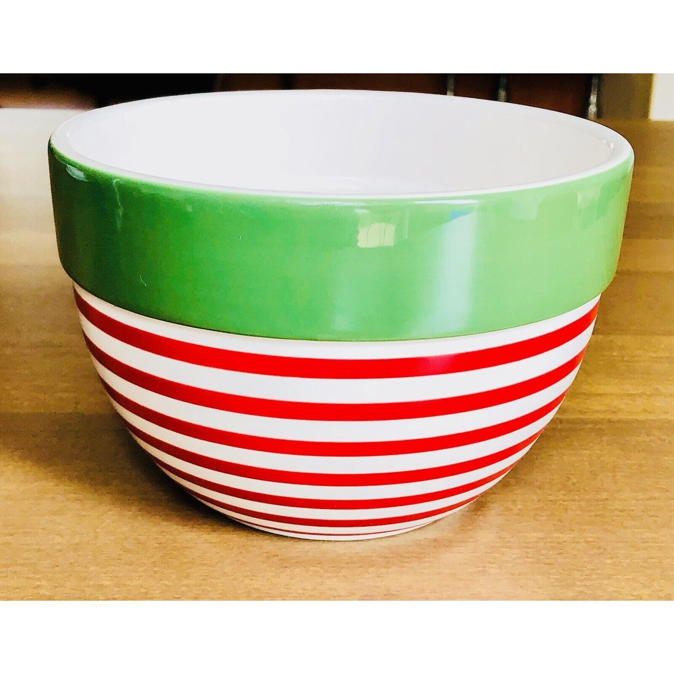 Crate and Barrel Red Stripe Green Band 5.5" Ceramic Mixing Bowl Nesting