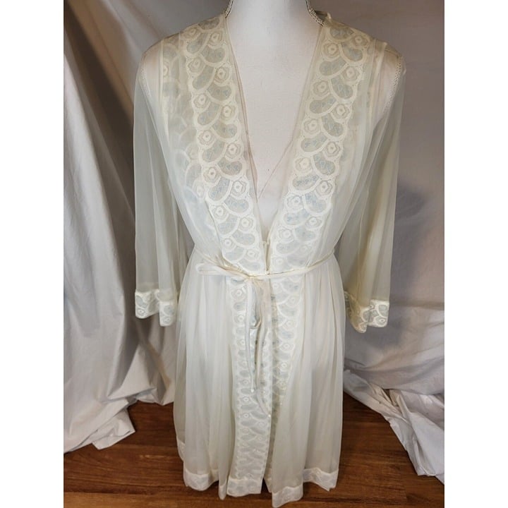 Vintage 60s Miss Elaine White Lace Blue Heart Detail 2 Piece Lingerie Set Size M