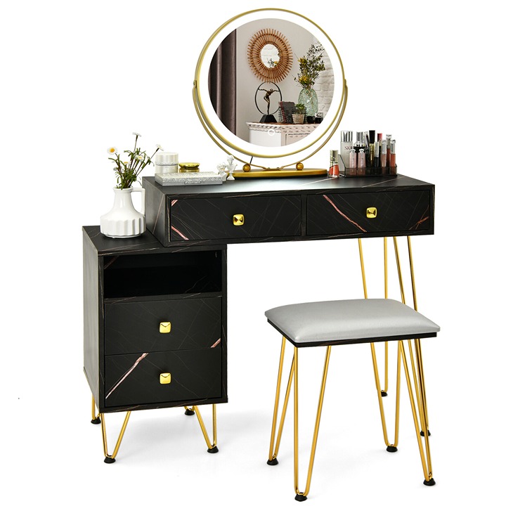 Vanity Table Stool Set Dimmer LED Mirror Large Storage Cabinet Drawer Black