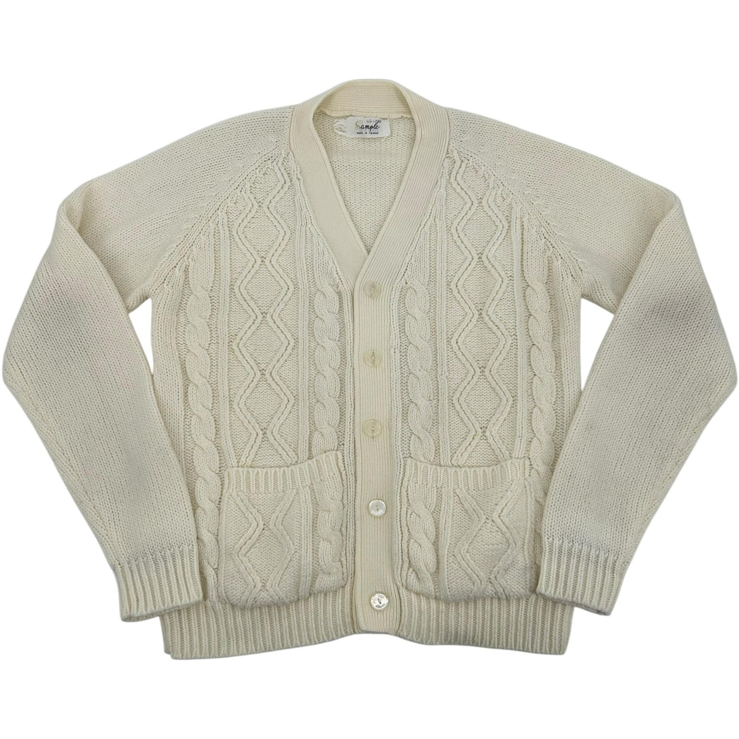 Vintage 70s Men's Sample Brand Cream Cable Zig Zag Knit Acrylic Cardigan Sweater