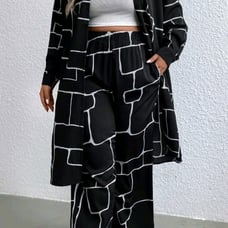 Woman Geometric Print Long Shirt Dress with wide Leg Pants with Pockets SIZE 0XL
