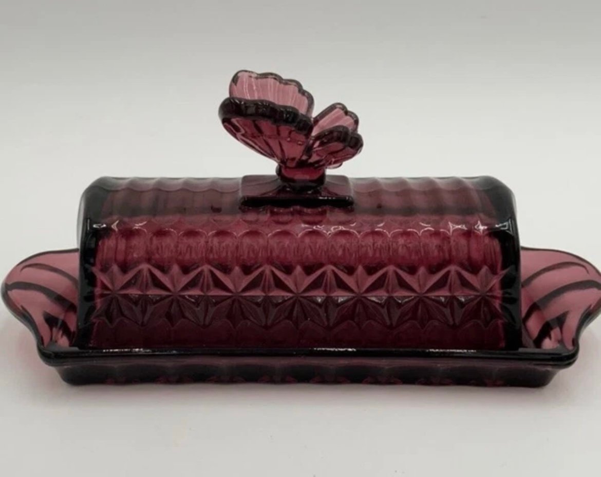 Vintage Circleware Purple Amethyst Glass Covered Butterfly Butter Dish ~1980's
