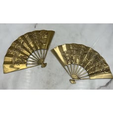 Vintage Solid Brass Oriental Hand Fan Wall Decoration Dragon Design Set of 2