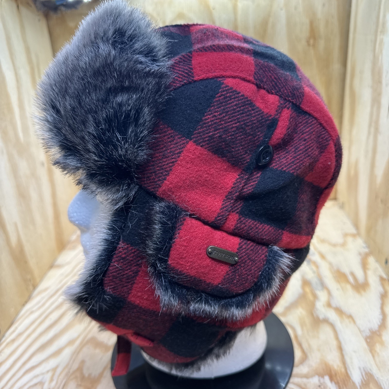 STETSON L Plaid Trapper Hat Faux-Fur Lining & Trim Ushanka Winter Aviator