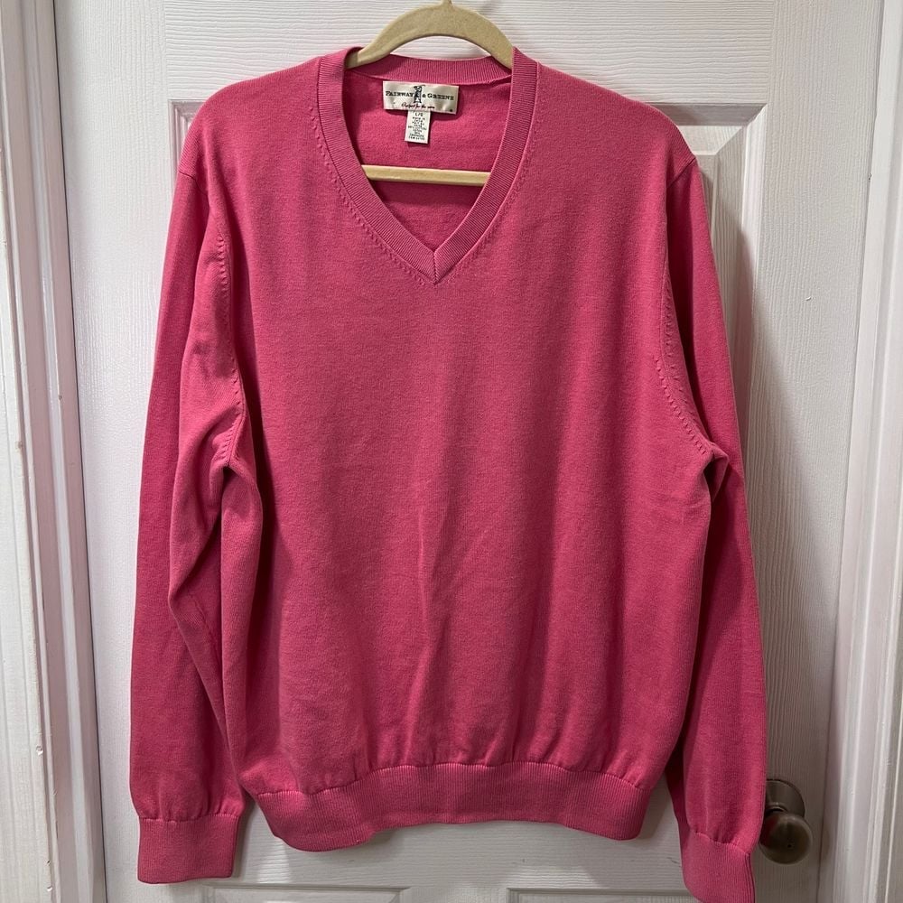 Fairway Green Pink V-Neck Pullover Sweater LS Casual Knit Top-SZ L