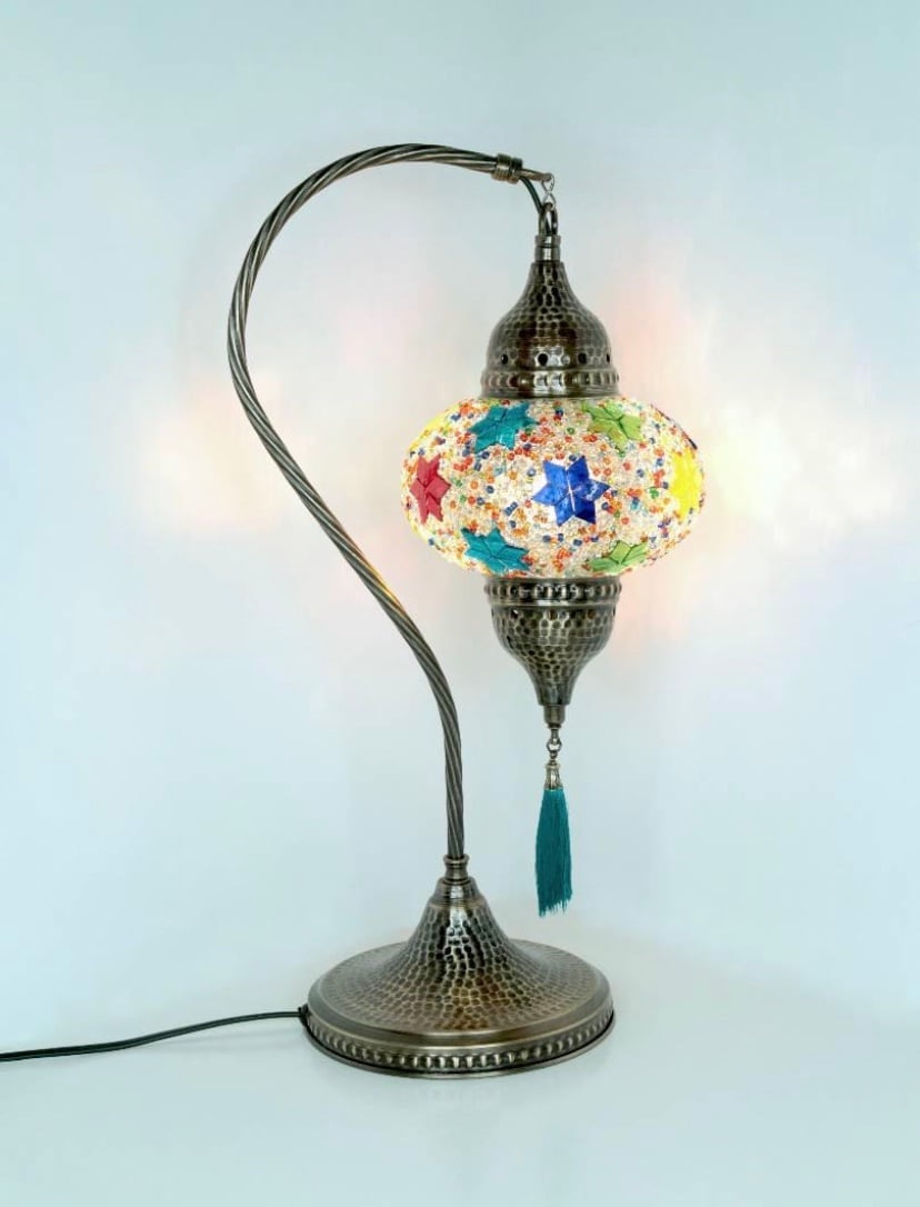 Turkish Morrocan Tiffany Mosaic Style Table Lamp with Hammered Bronze