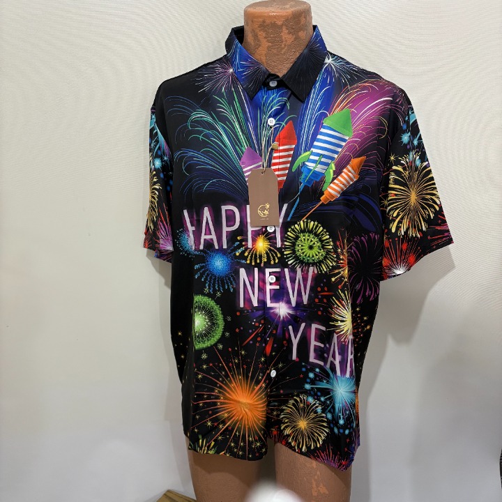 Hardaddy L Happy New Year Fireworks Bowling Hawaiian Short Sleeve Camp Shirt NEW