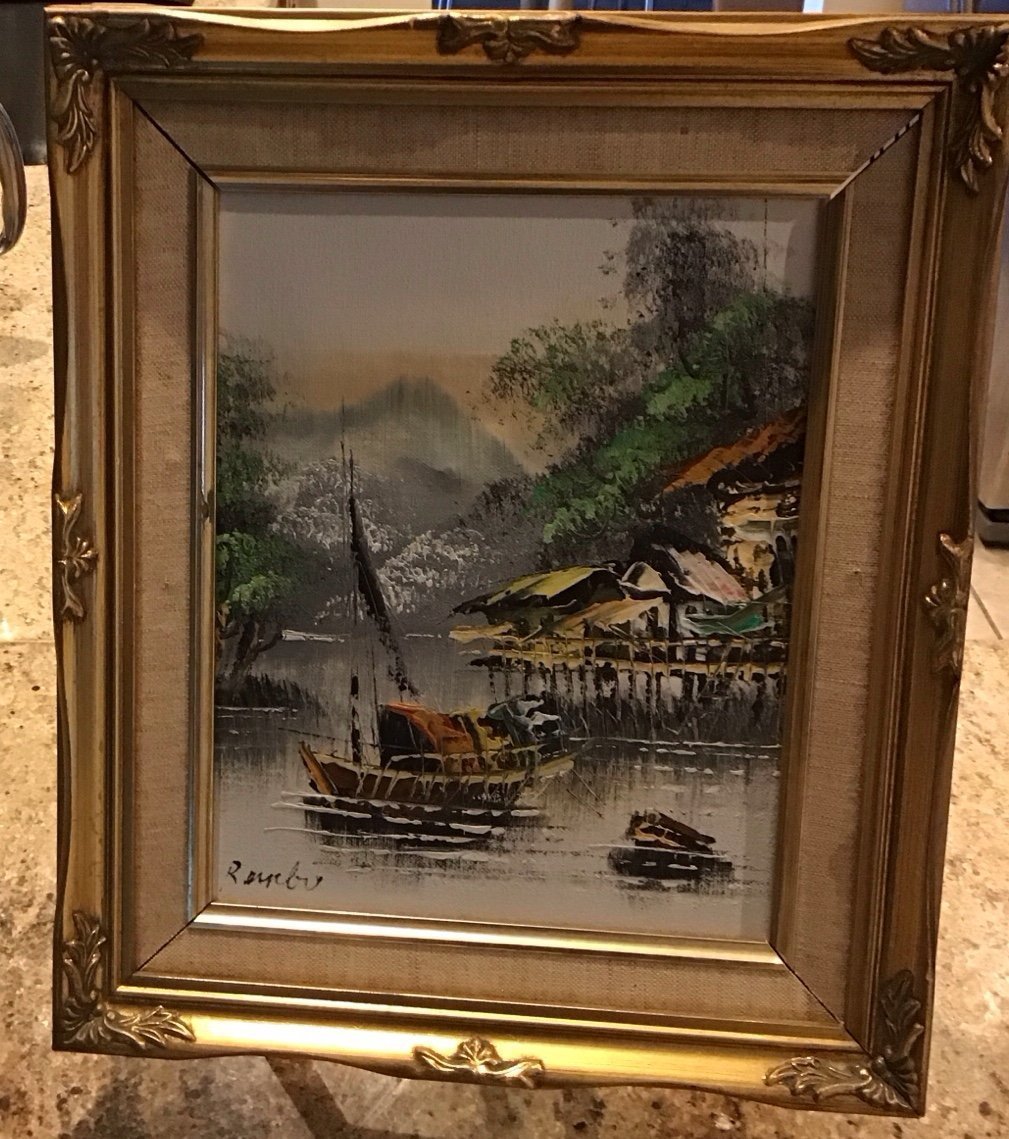 Asian Inspired Mid Century Oil Painting