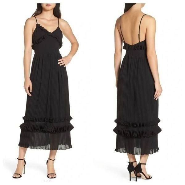FOXIEDOX LOVE RUFFLE MIDI DRESS IN BLACK SZ XS