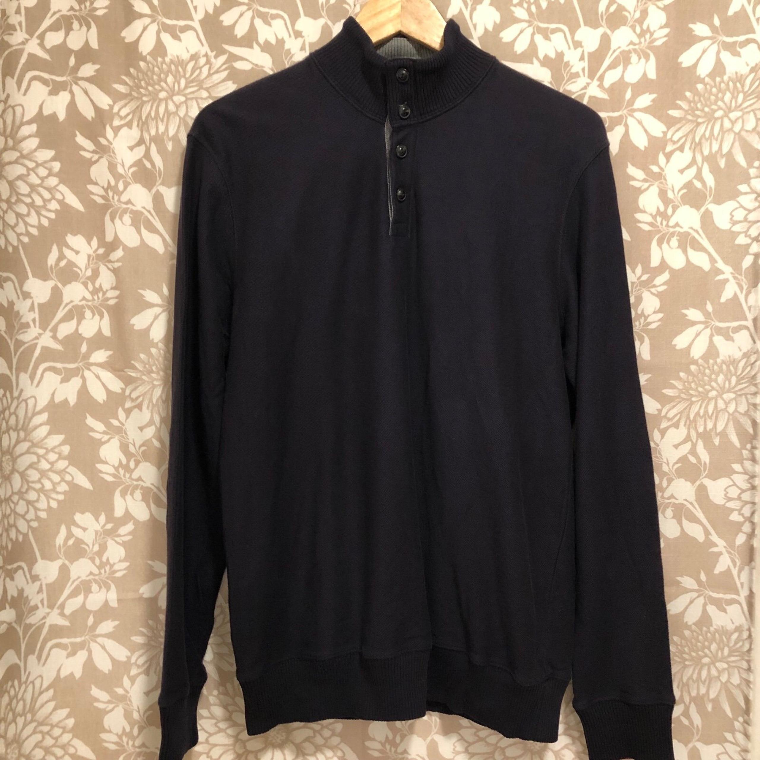Lands End Mens Mock Sweater Navy Blue Henley Elbow Patch Knit Pullover Medium
