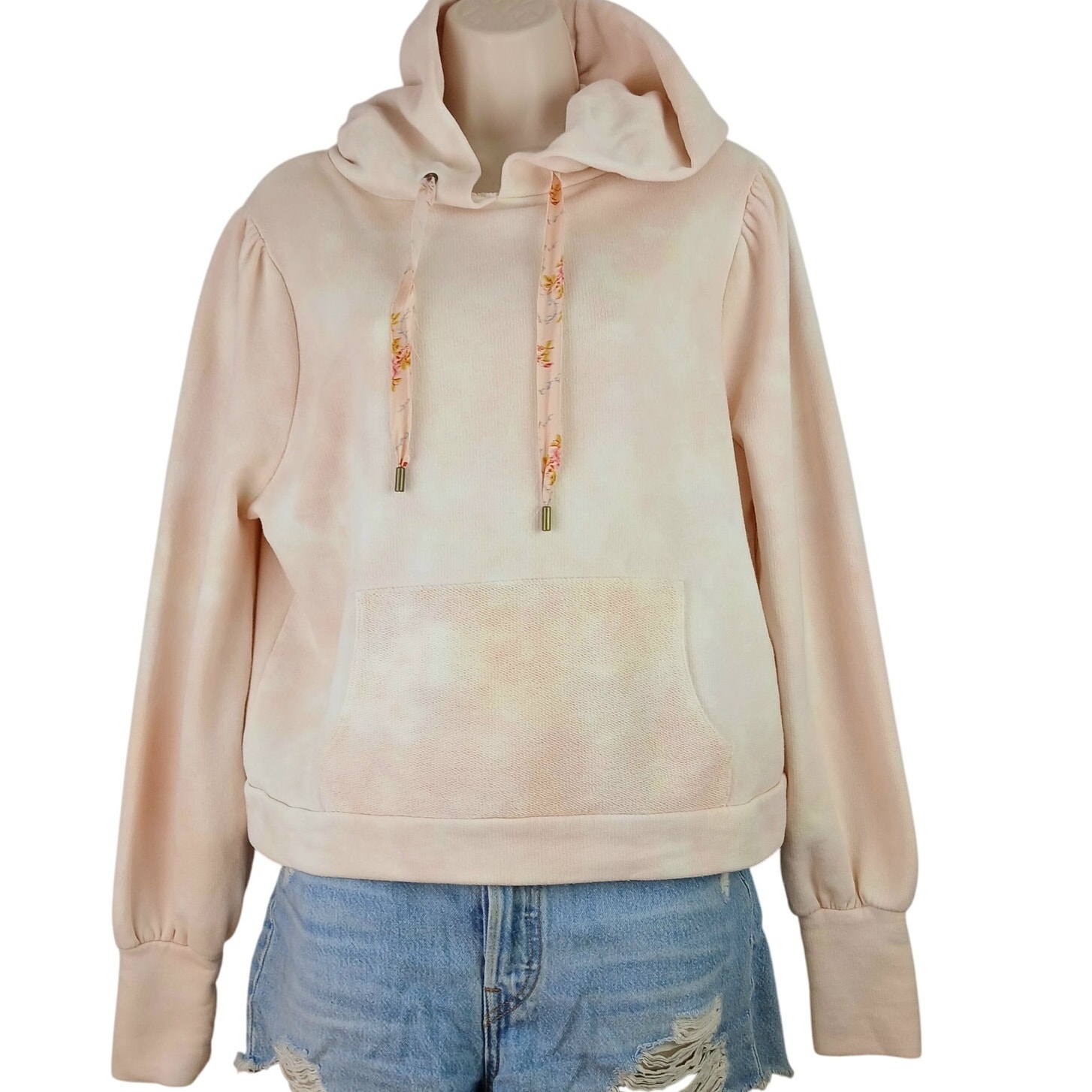 LoveshackFancy SZ M Linette Sherbet Hoodie Peach Blouson Sleeves Distressed