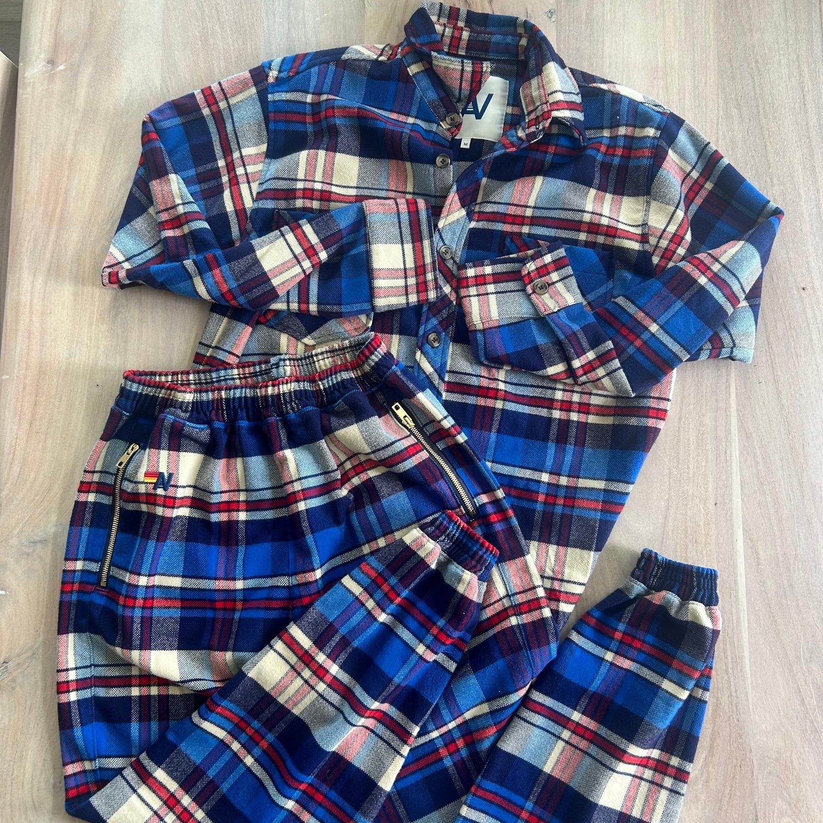 Aviator Nation Plaid Lodge Pants Joggers Button Down Shirt S/M Red White Blue