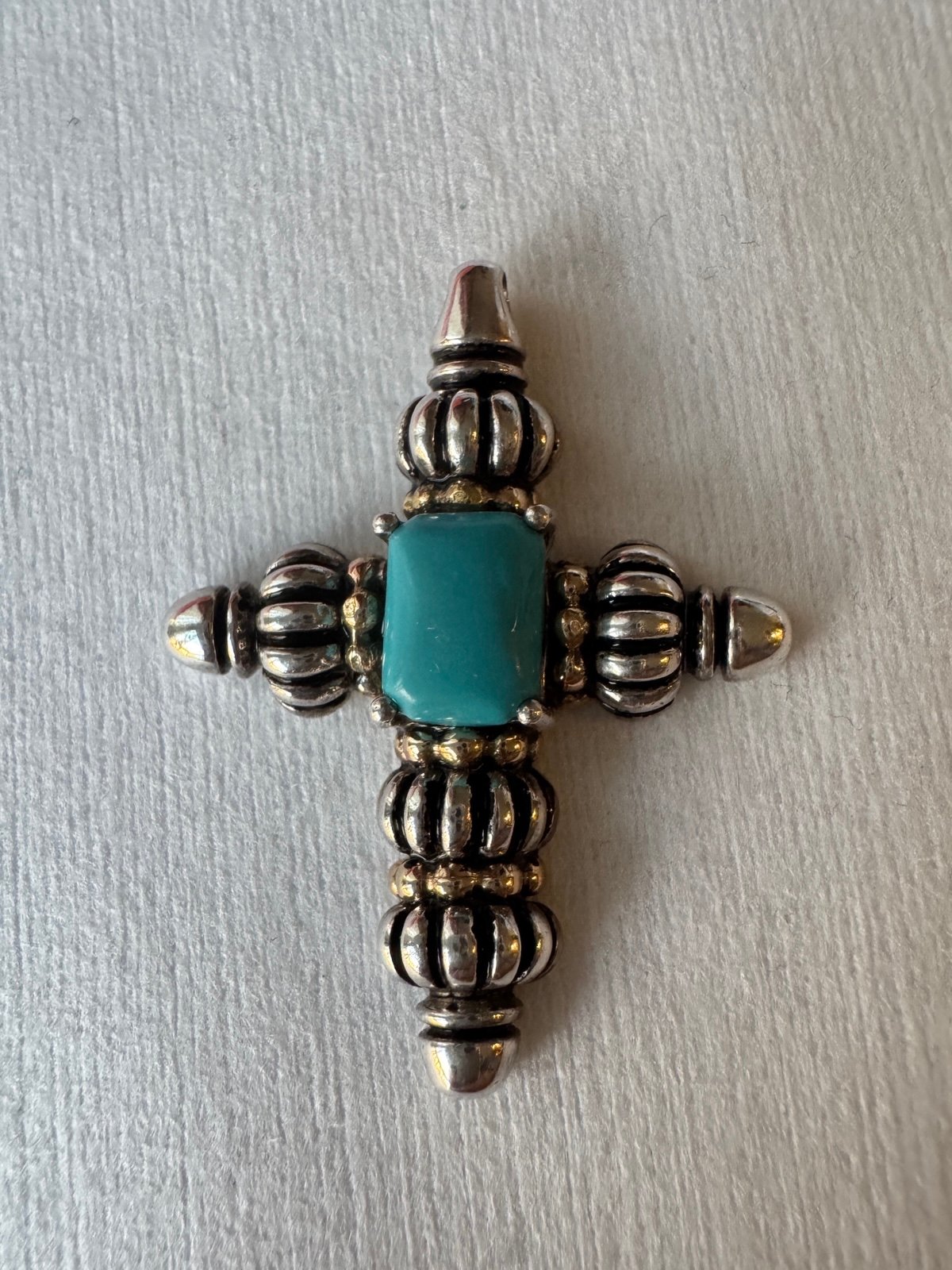 Clyde Duneier Sterling Silver 14K Yellow Gold Turquoise Cross Pendant