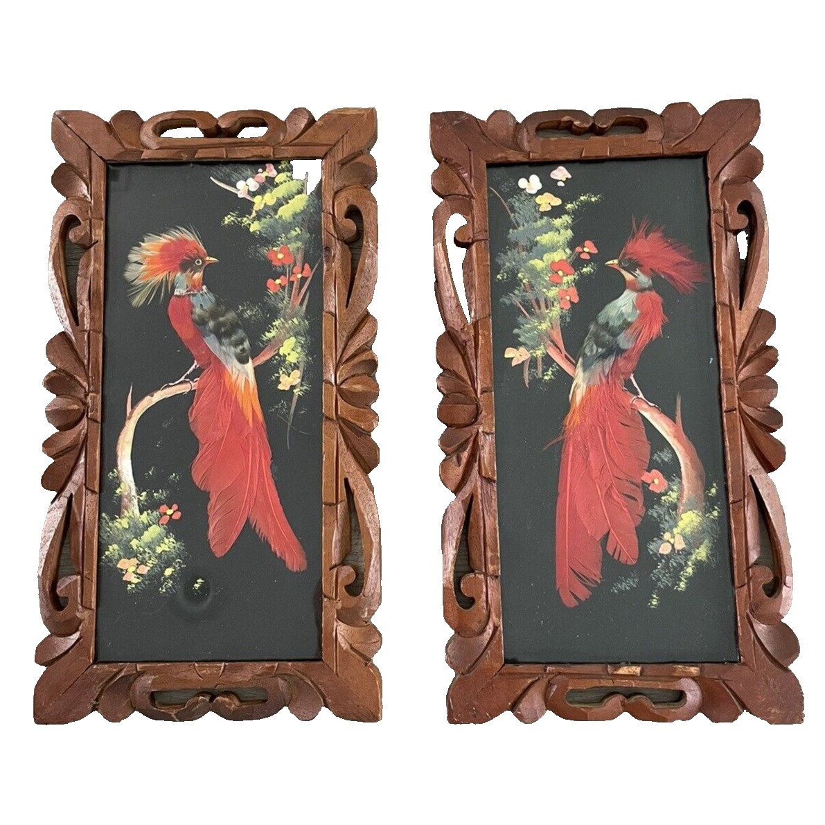 2 Vintage Mexican Folk Art Red Bird Paintings W/ Real Feathers Carved Frame