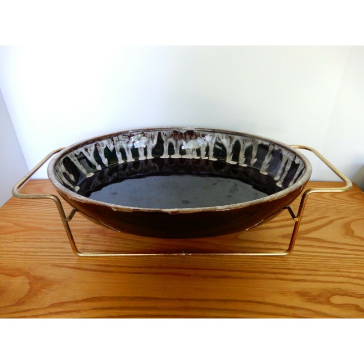 Vtg MCM brown white glaze stoneware chafing baking dish w/ stand & original box