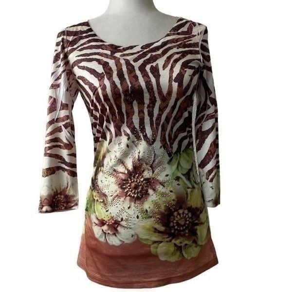 Cache White Brown Animal Stripe Floral Beaded Ruched Y2K Jersey SZ S