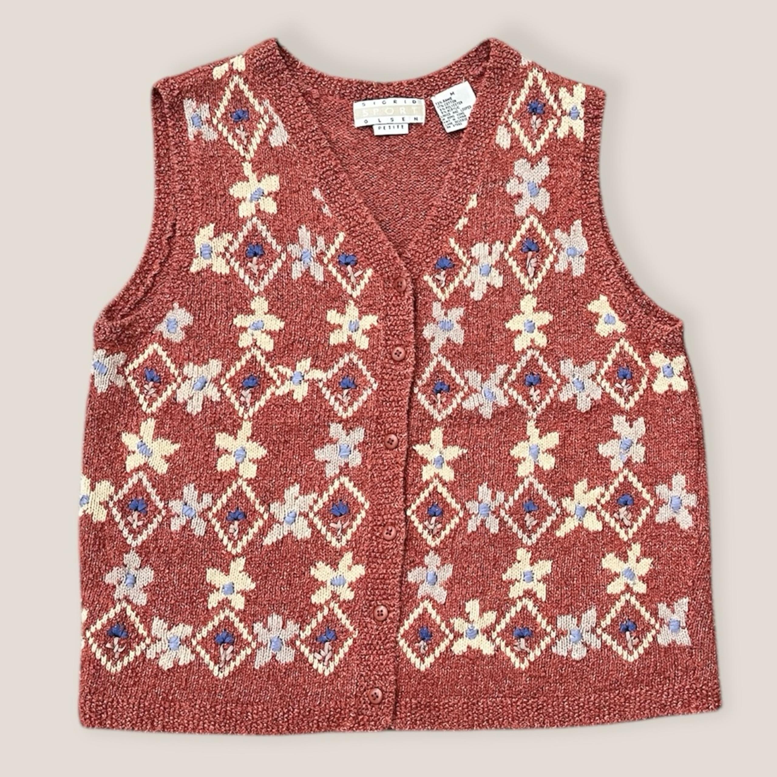 Vintage Sigrid Olsen Sweater Vest Sleeveless Knit Floral Petite M Medium PM