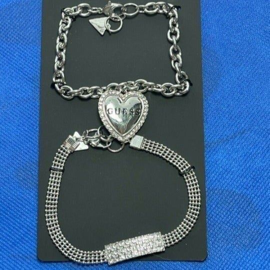 Guess Set of 2 Silver-Tone Heart Crystal Accent Charm Bracelets