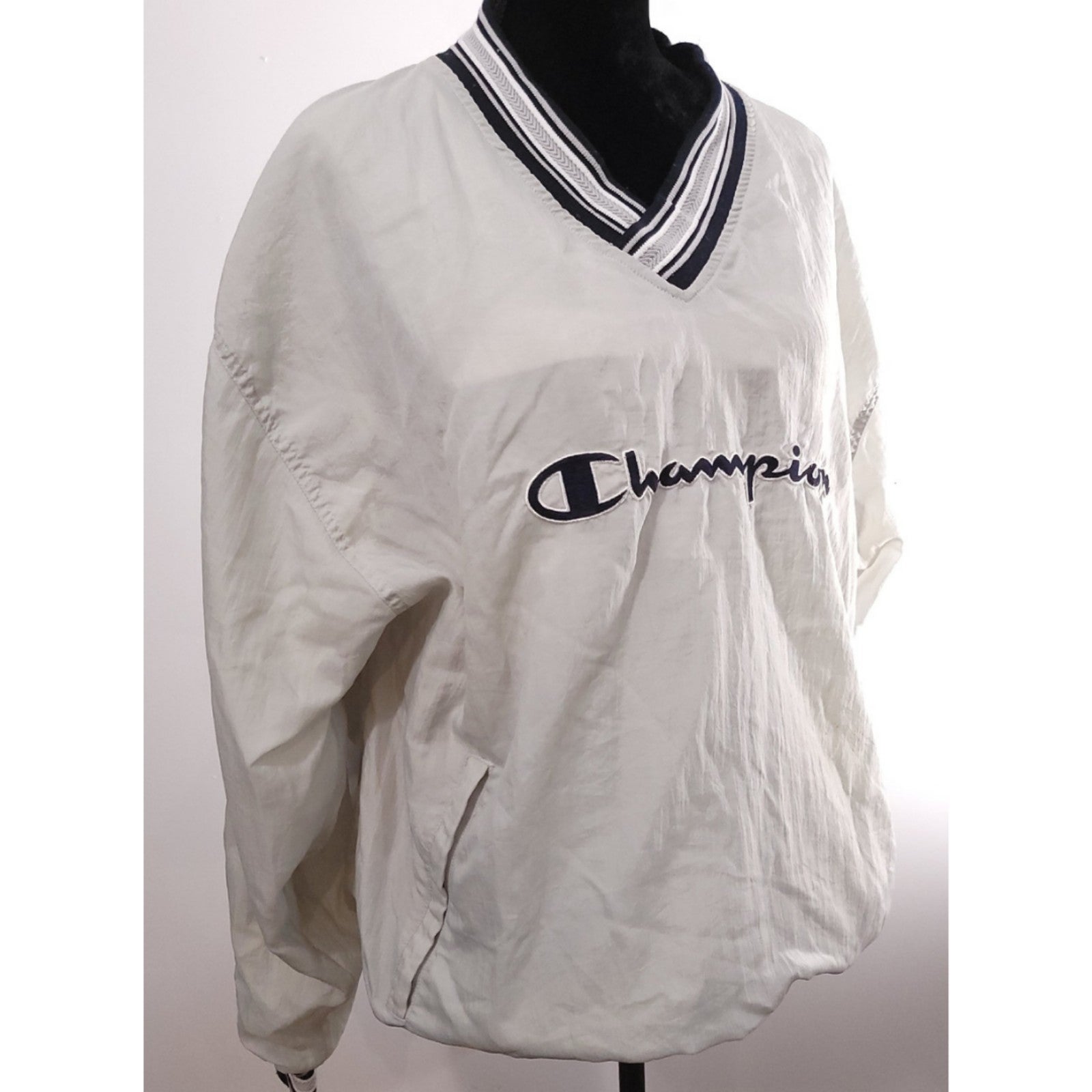 Vintage 90s Y2k Ringer Stripe V-Neck Lined Windbreaker Jacket Gray Sz Large