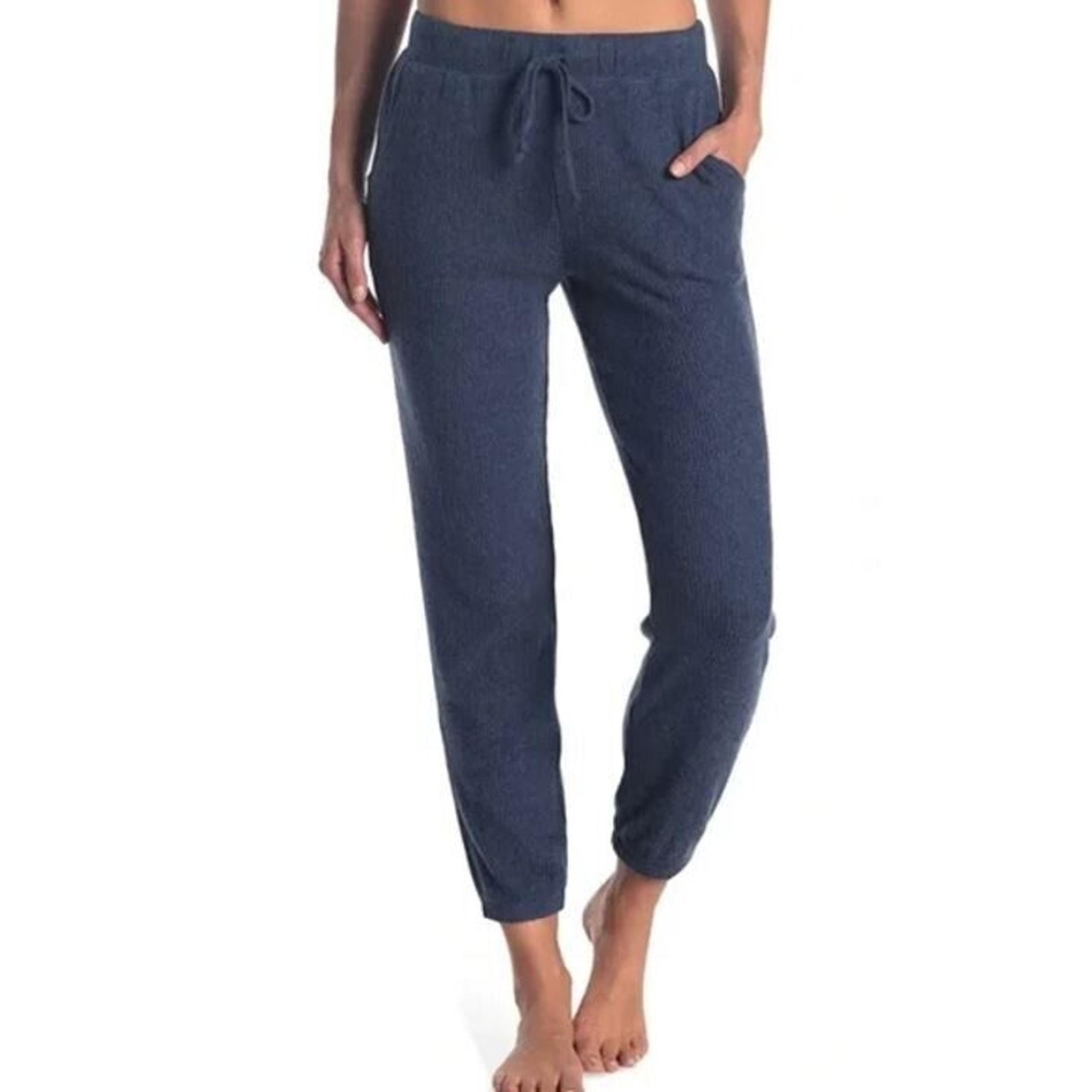 Eclair Women's Elastic Waist Drawstring Brushed Rib Knit Lounge Pant in Blue Med