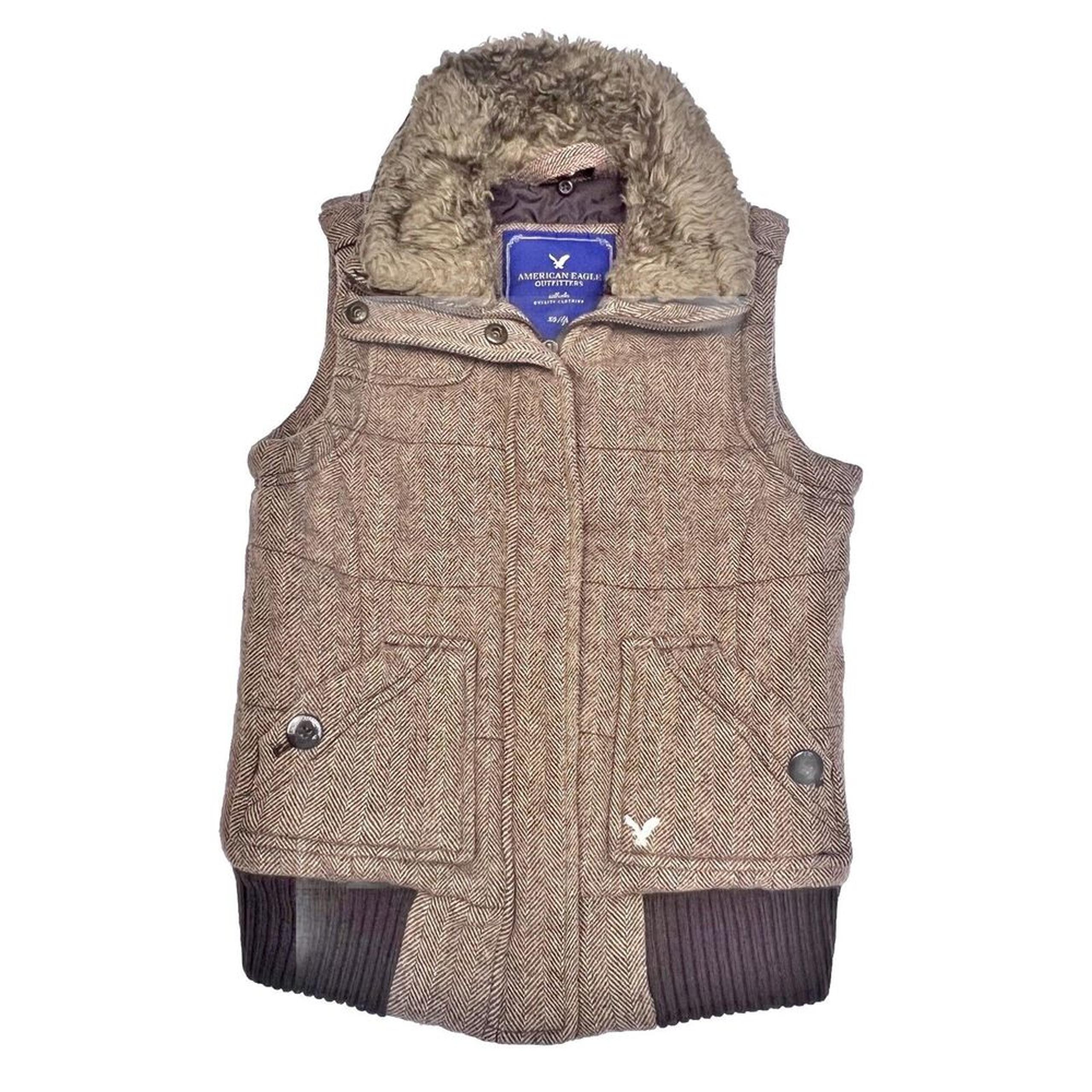 American Eagle Outfitters Vest Jacket Women XS Brown Herringbone Faux Fur Collar