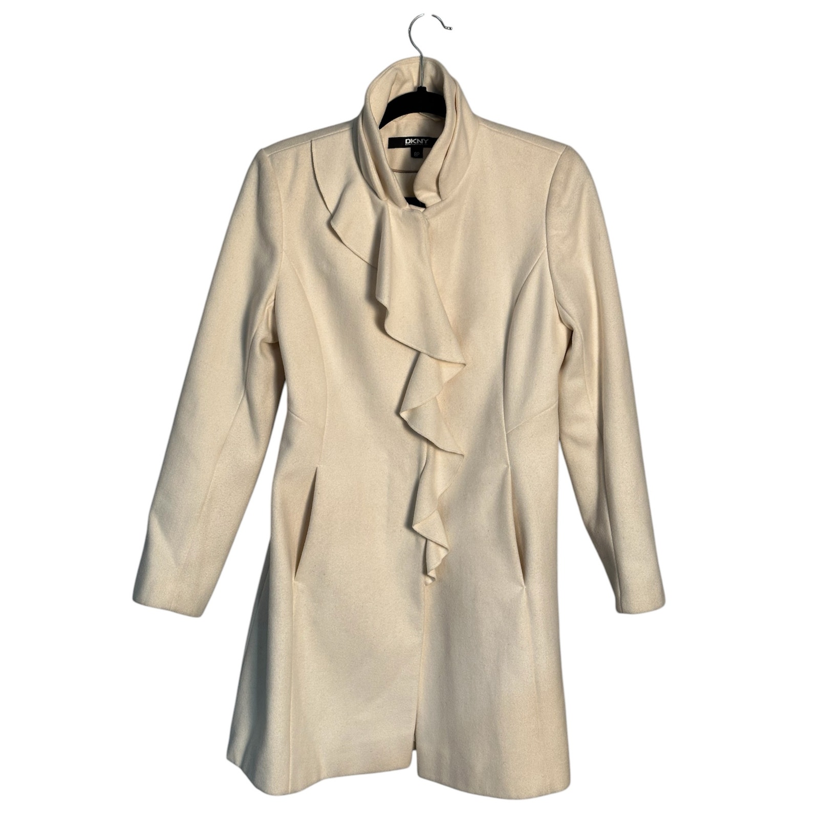 DKNY Sz 8P Ruffle Front Snap Closure Wool Blend Walker Pea Coat Trench Cream