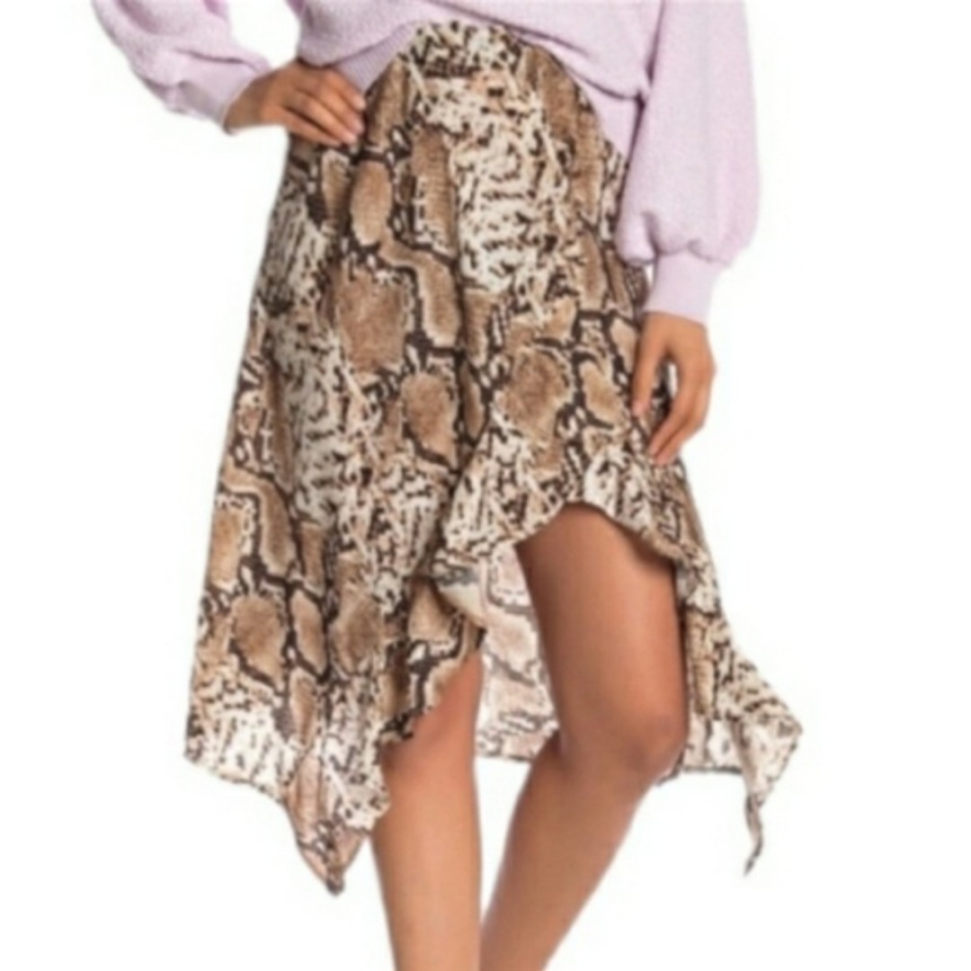 65 CODE X MODE Snakeskin Print Asymmetrical Ruffle Hem Midi Skirt XSmall