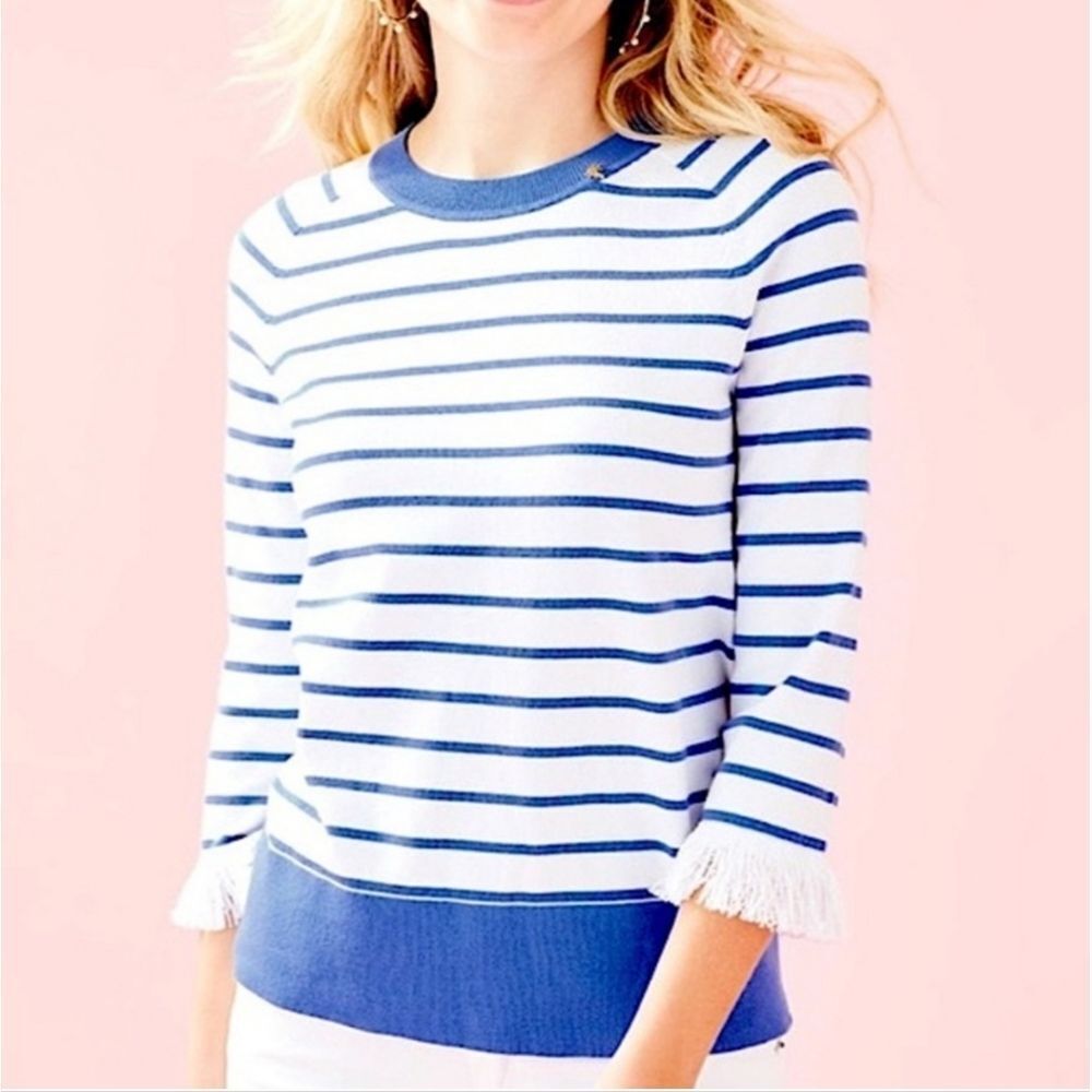 Lilly Pulitzer Dasha Striped Fringed Sweater Blue White Size Large