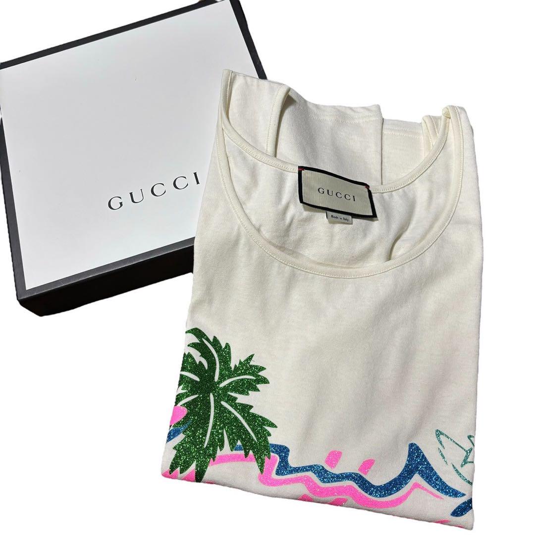 【Excellent Condition】GUCCI Sleeveless Hawaii Glitter Logo Print XS