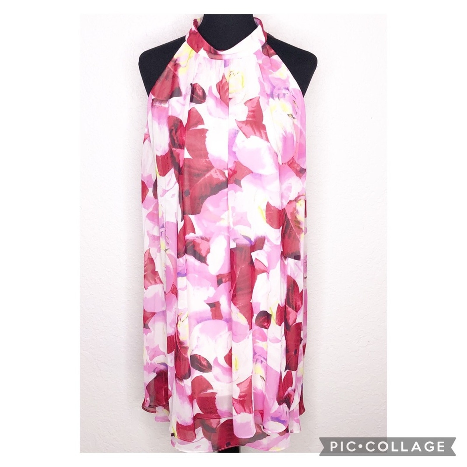Eliza J pink red white floral sheer overlay sleeveless dress size 14 NWT