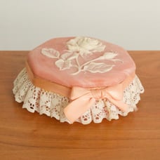 Vintage Pink Stone Trinket / Jewelry Box Rose with Ribbon Bow and Lace