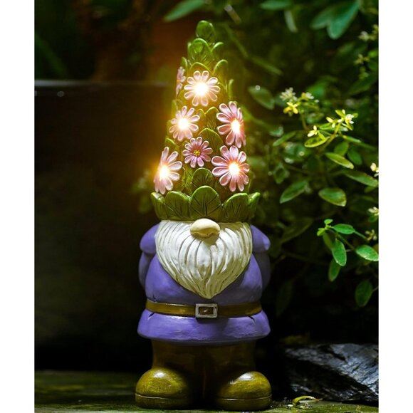 New Solar Garden Gnome Statue with Succulent & 7 LED Lights for Yard Decor