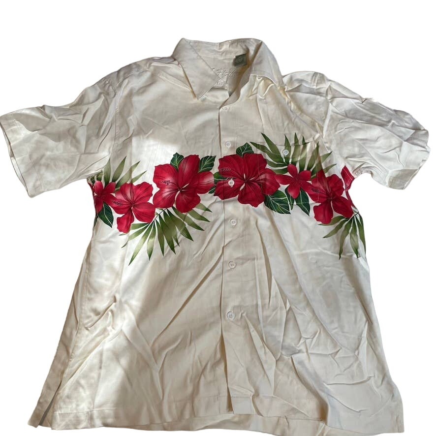 HALO HATTIE White Button Up 100% Silk Hawaiian Shirt Medium M Red Hibiscus