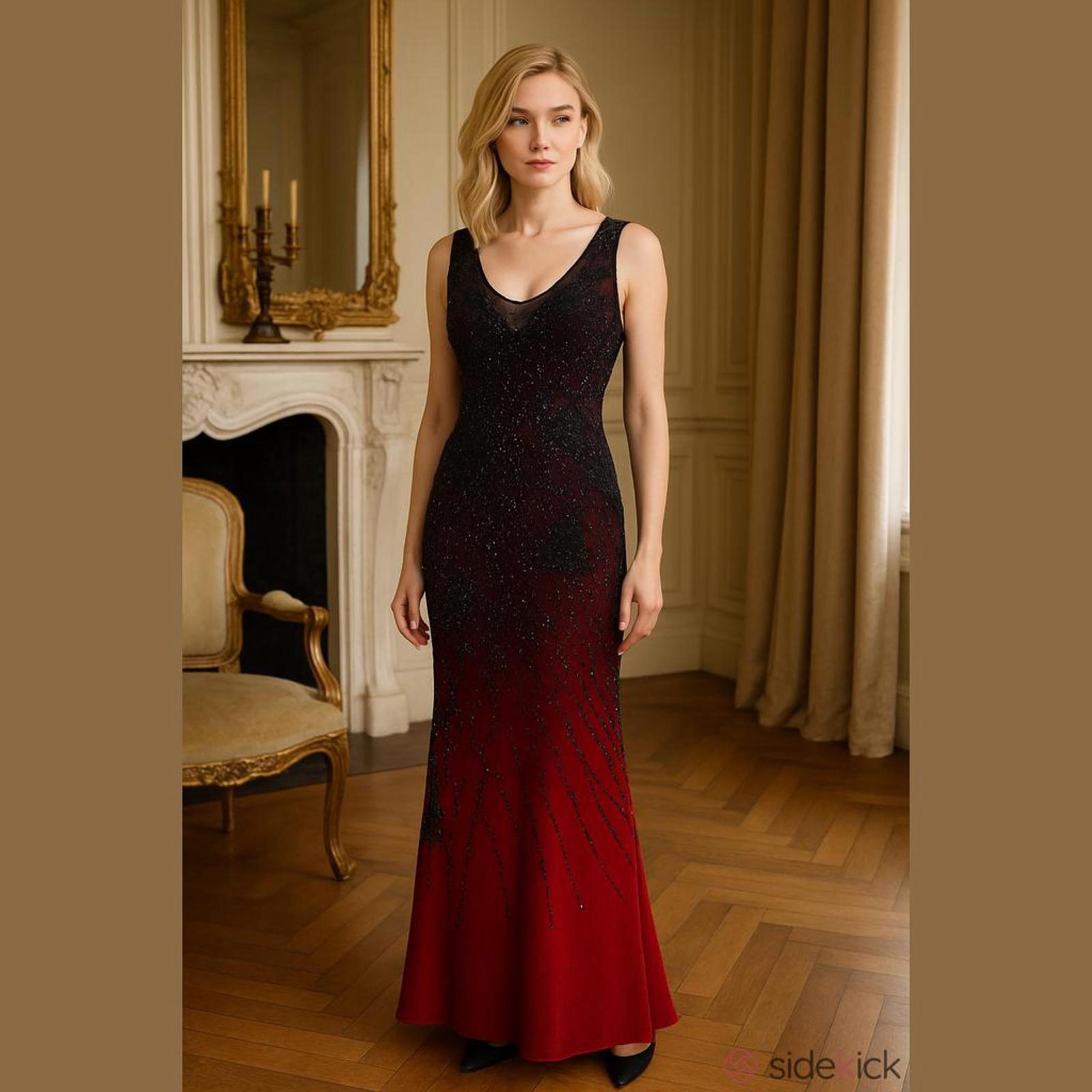 SUE WONG  - Elegant Black and Red Sequined Evening Gown