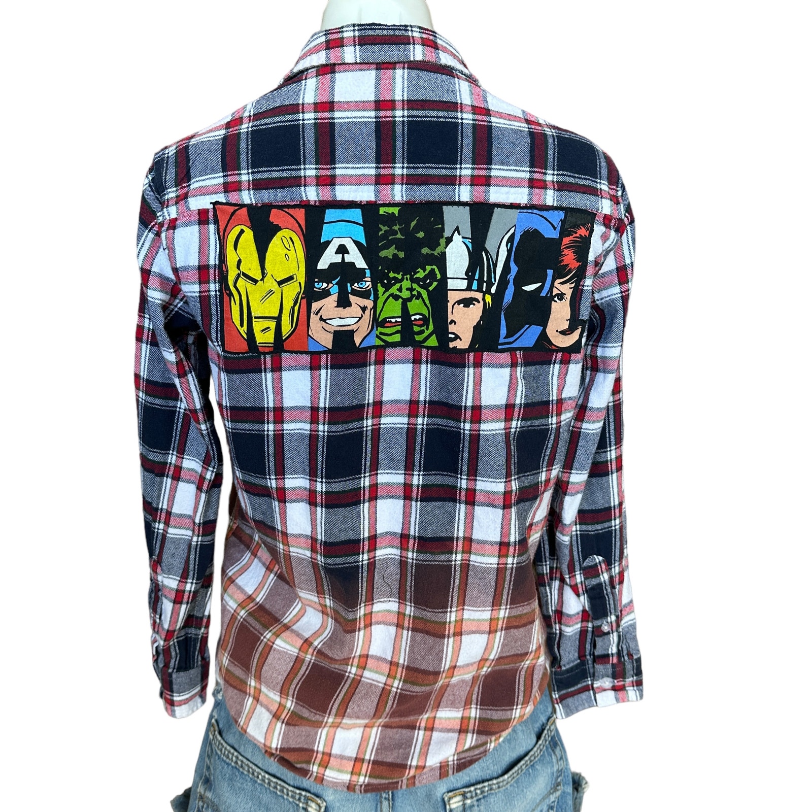 Avengers Plaid Flannel Shirt SMALL Oversize Shacket Upcycle Unique Marvel Blue