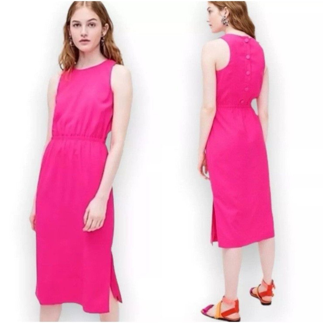 J. CREW Midi Dress Size 6 Sleeveless Button Back Hot Pink
